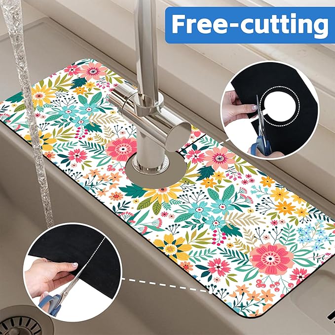 Colorful Floral Leaves Berries Kitchen Sink Splash Guard Mat Absorbent Fast