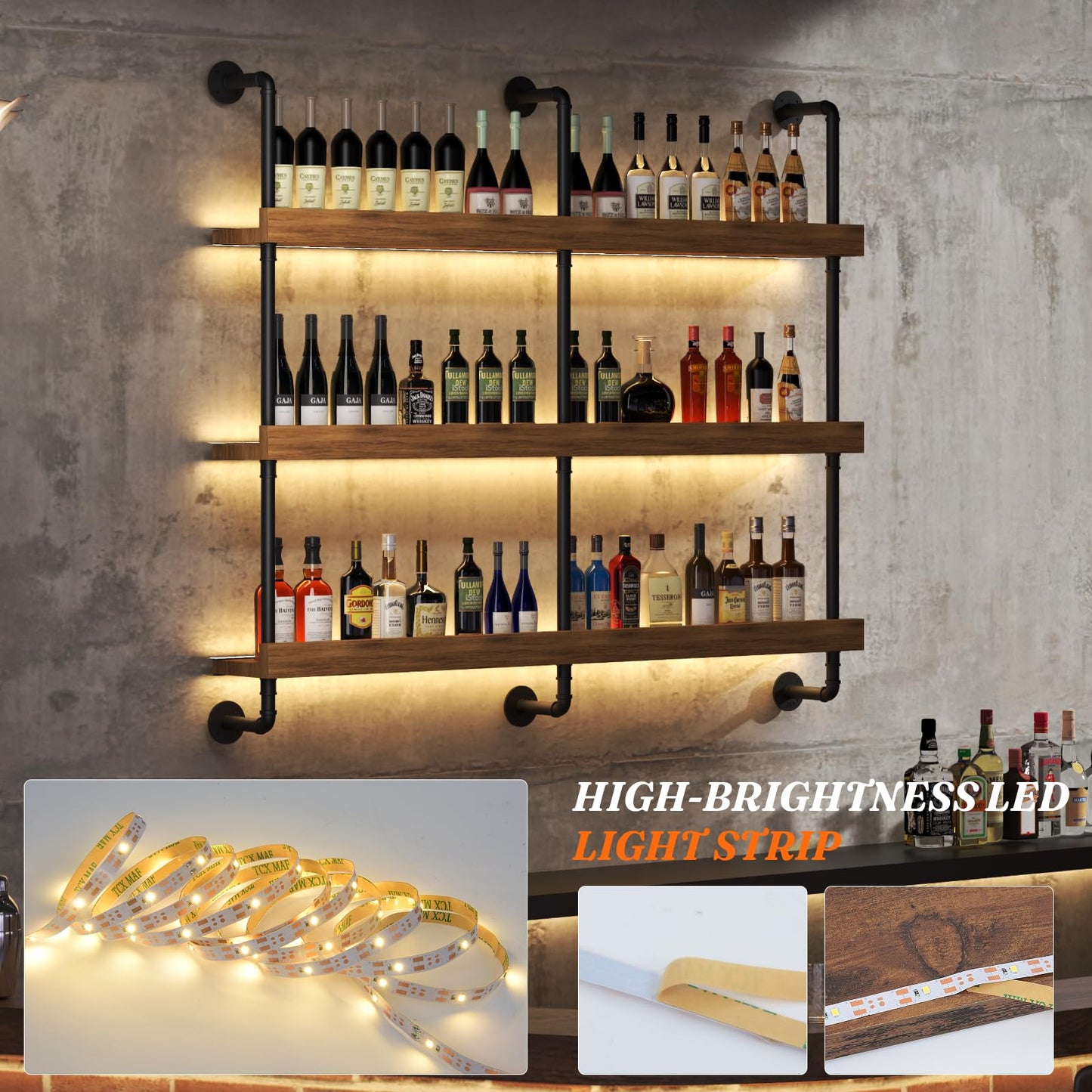 Dresgor Large Wine Rack Wall Mounted with LED Light, Solid Wood Bar Shelves Wall Mounted, 3-Tiers Liquor Bottles Floating Shelves Display Storage Organizer for Home Bar, Dining Room (47.2 inch)