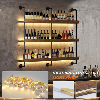 Dresgor Large Wine Rack Wall Mounted with LED Light, Solid Wood Bar Shelves Wall Mounted, 3-Tiers Liquor Bottles Floating Shelves Display Storage Organizer for Home Bar, Dining Room (47.2 inch)