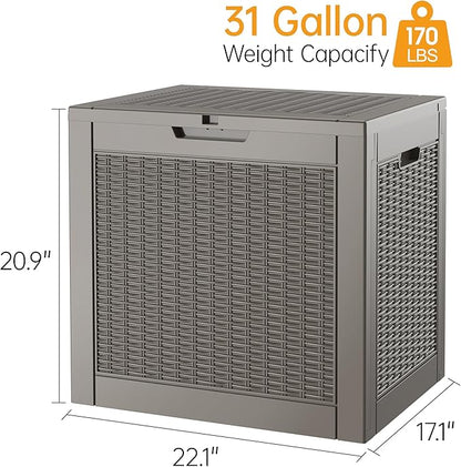 Outdoor Storage Box, Resin Deck Boxes Indoor and outdoor, Waterproof Storage Box Lockable Lid (Grey,31 Gallon)