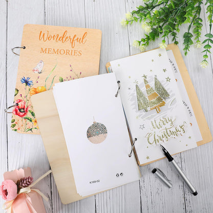Suzile 2 Packs 9x6.5 Inch Greeting Card Organizer Book Wood Floral Card Organizer Album Binder, Keepsake Storage Holder Gift for Wedding Anniversary Mother's Day Holiday Memory Photo Collection