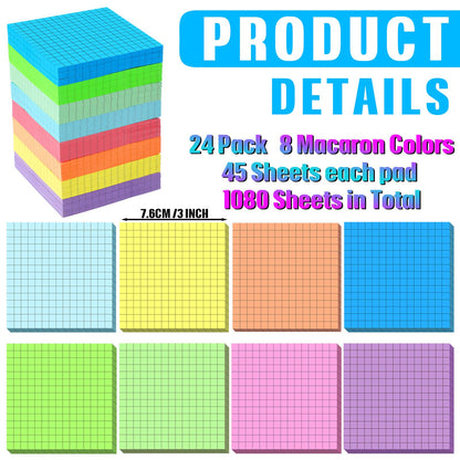 Geosar 24 Pack Lined Grid Sticky Notes 3 x 3 Inch Note Colorful Self Stick Notes Power Memo Pads Strong Adhesive Self Stick Note for Gifts School Office Supplies 8 Colors (Macaron Color)