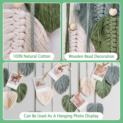 Urbun Macrame Leaves Wall Hanging -Large Chic Feather Boho Macrame Wall Decor Leaf Hanging Photo Display Handmade Woven Wall Art Leaf Tapestry for Nursery, Bedroom, Living Room, 29.5 x47.3 Inch