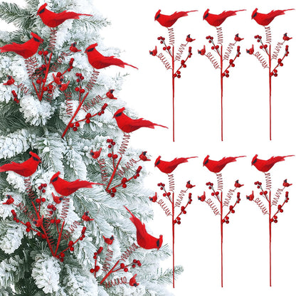 Thyle 6 Pack Cardinal Winter Tree Picks Cardinal Feathers Red Birds Decorating Stakes Artificial Red Berry Stems Holly Berry Branches for Tree Decorations DIY Crafts
