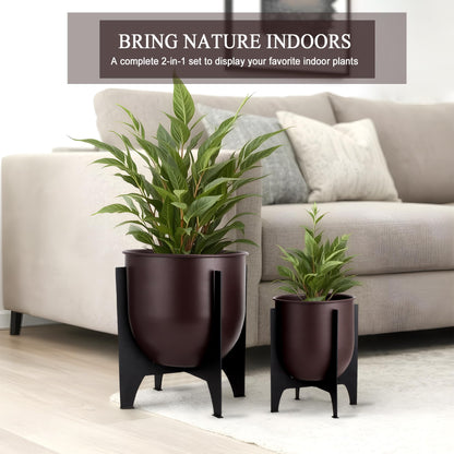 TRIROCKS Set of 2 Planters with Stand Indoor Outdoor Metal Plant Stand 16 &8" H Modern Planters Flower Pots for Living Room Corner Kitchen Office Garden Balcony Patio Decor