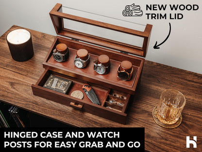 Premium 4 Slot Watch Box for Men (2026 Upgraded) – Wooden Watch Display Case with Hinged Wood Cover, Leather Lining & Drawer – Watch Organizer Stand – Handcrafted Luxury Father's Day Present for Men