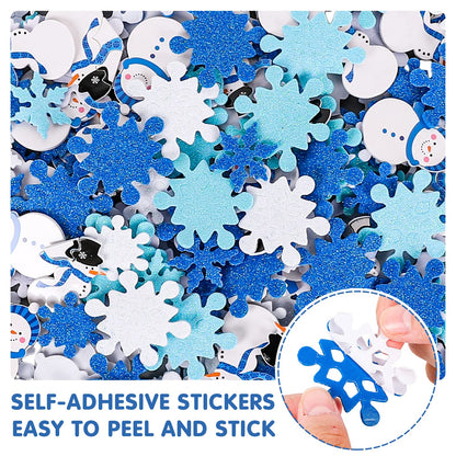 Whaline Winter Glitter Foam Sticker Kit 350Pcs Blue White Snowflake Snowman Foam Stickers Self-Adhesive Sticker Decals for Christmas Party Decor Winter DIY Crafts