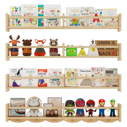 ECOOCE 34Inch Nursery Bookshelves,Set of 4,Wall Floating Shelf Kids Coat Rack with 6Hooks,Hanging Book Shelf for Baby Nursery Room Décor， Patent Number: 29958098(Burlywood, 34)