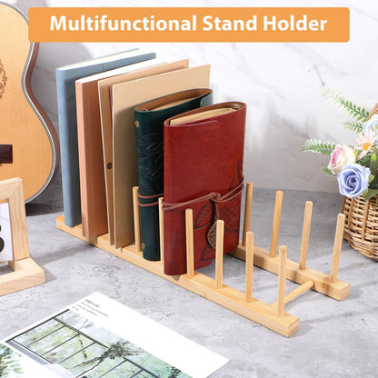 Leooomap 8-Slot Bamboo Wooden Plate Rack, Dish Drying Rack & Pot Lid Holder Stand, Kitchen Cabinet Organizer for Bowls, Cups, Cutting Boards