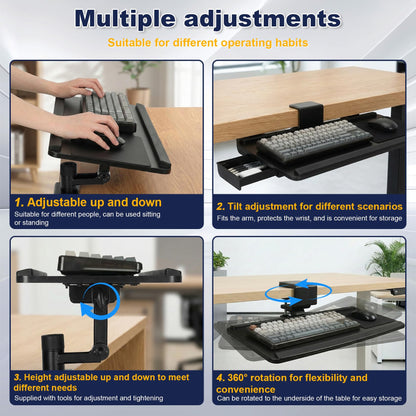 Upgraded Adjustable Keyboard Tray with Drawer for Above Desk & Under Desk Use, 25"×10.6" Ergonomic 360° Rotating Keyboard Stand with Wrist Rest, Clamp On Keyboard Platform for Office Gaming Studying