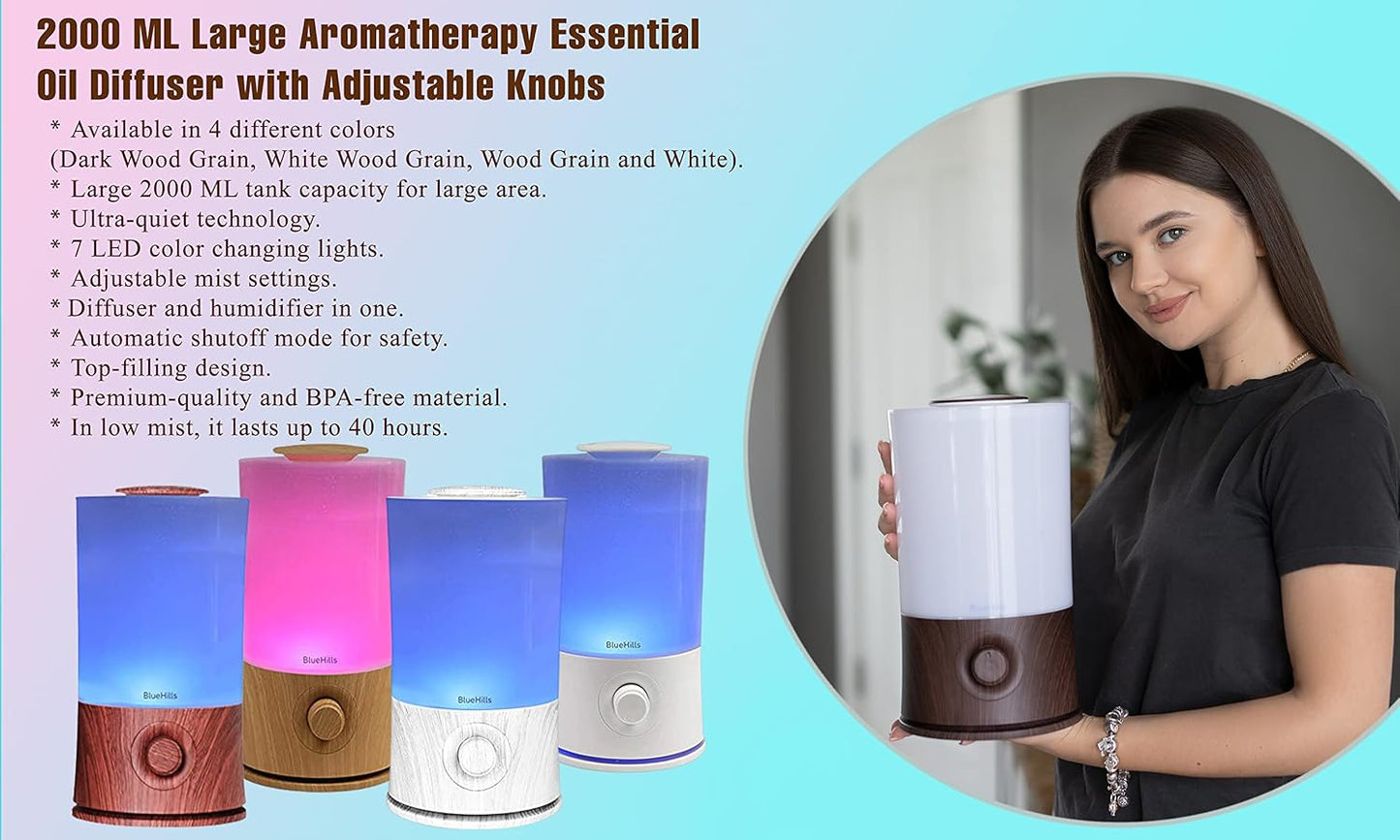 BlueHills Premium 2000 ML XL Large Essential Oil Diffuser Aromatherapy Humidifier for Large Room Home 40 Hour Run Huge Coverage Area 2 Liter Extra Large Capacity Huge Diffuser Wood Grain E005