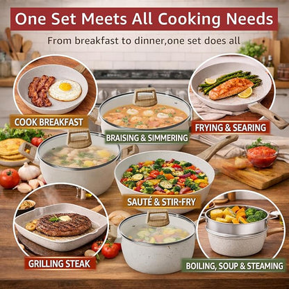 24Pcs Pots and Pans Set Non Stick,Ceramic Cookware Set with Titanium-Reinforced Nonstick Coating,Long-Lasting,PFAS-Free,Induction Compatible,Full Kitchen Set with 3 Stock Pots for Family Cooking