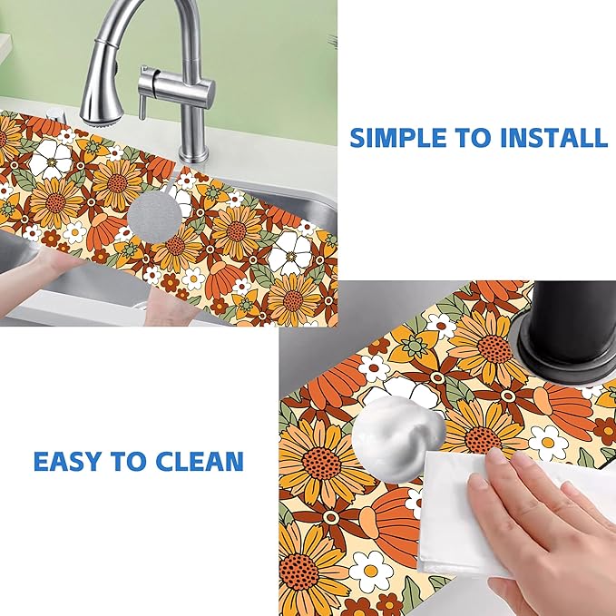 70s Retro Orange Floral Kitchen Sink Splash Guard Mat Absorbent Fast Drying Mat