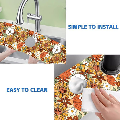 70s Retro Orange Floral Kitchen Sink Splash Guard Mat Absorbent Fast Drying Mat