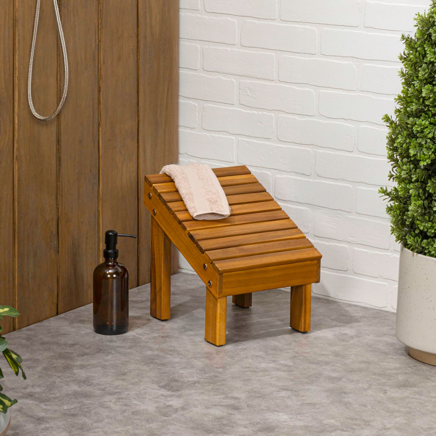 JONATHAN Y Saru Solid Acacia Wood Shower Foot Rest for Shaving Legs, 11.8" Minimalist Water-Resistant Slanted Spa Stool for Inside Shower, Natural STL1004A