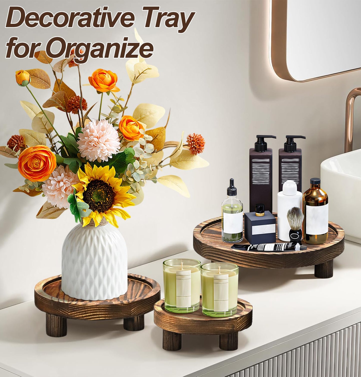 LINGXIANSENG 3 Pcs Wooden Risers for Display, Round Wood Riser Plant Stand 5/6/8" Pedestal Stand, Flower Pot Holder Small Planter Tray for Kitchen Home Décor (Brown)