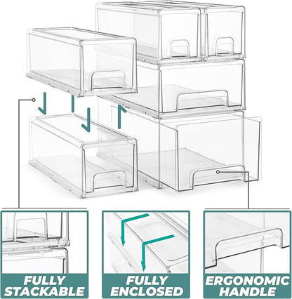 Sorbus 2 Large & 4 Small Clear Stackable Storage Drawers – Plastic Organizer Bins with Handles – Stackable Pull-Out Storage Drawers for Closet, Pantry, Office, Bathroom, Craft, and Toy Organization