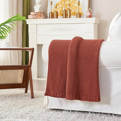 Longhui bedding Chunky Cable Knit Throw Blanket Lightweight Rust 100% Organic Cotton Blanket for Sofa Couch Bed Baby Nursery, Rustic Shabby Chic Modern Farmhouse, 51” x 63” Give Laundering Bag
