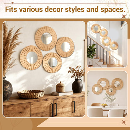 Yerliker 4 Pack Hanging Wooden Wall Art Decor, 12" 10" Wall Mounted Round Mirror with Wooden Frame, Rustic Farmhouse Boho Accent Home Decor Set for Bedroom Living Room Entryway Dining Room Nursery