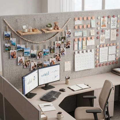 Sieral 48 Pcs Office Cubicle Decor Set, Boho Hanging Photo Display with 24 Wooden Clips, 2 Fabric Wall Shelves, 30 Flower Push Pins, 15 Cubicle Clips, Aesthetic Wall Decor for Office, Dorm & Workspace