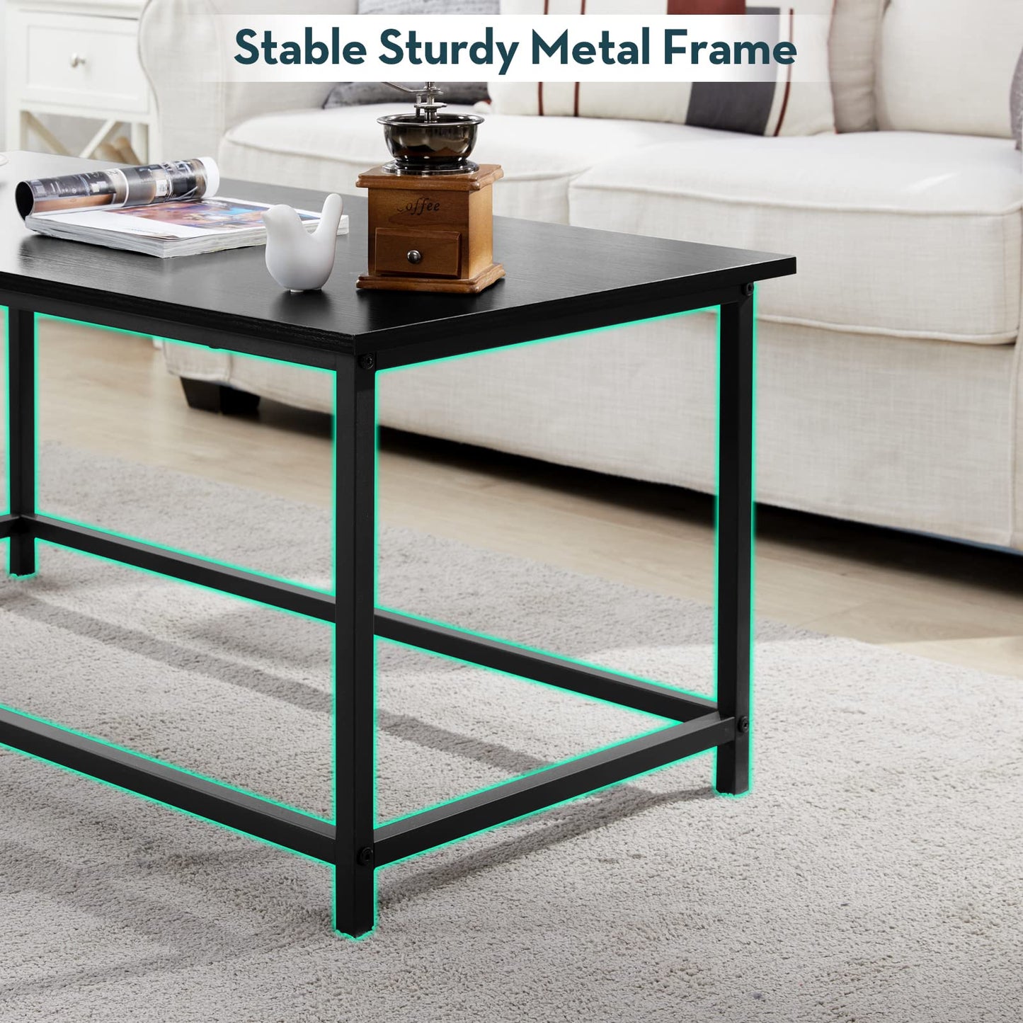 SAYGOER Black Coffee Table Simple Modern Rectangular Center Table Open Space Minimalist for Living Room Home Office Industrial Cocktail Tables, Easy Assembly, 39.37 x 19.69 x 17.72