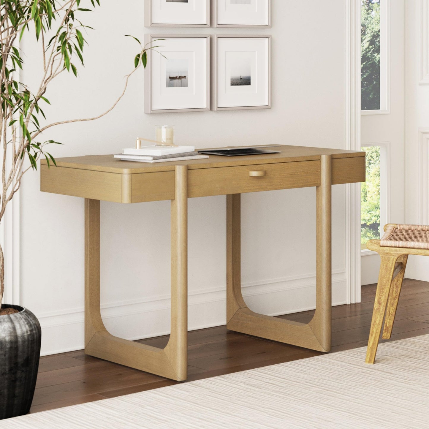 Nathan James Haley Mid Century Modern Home Office Desk, Solid Wood Writing Desk with Drawer and Rounded Legs, Light Brown