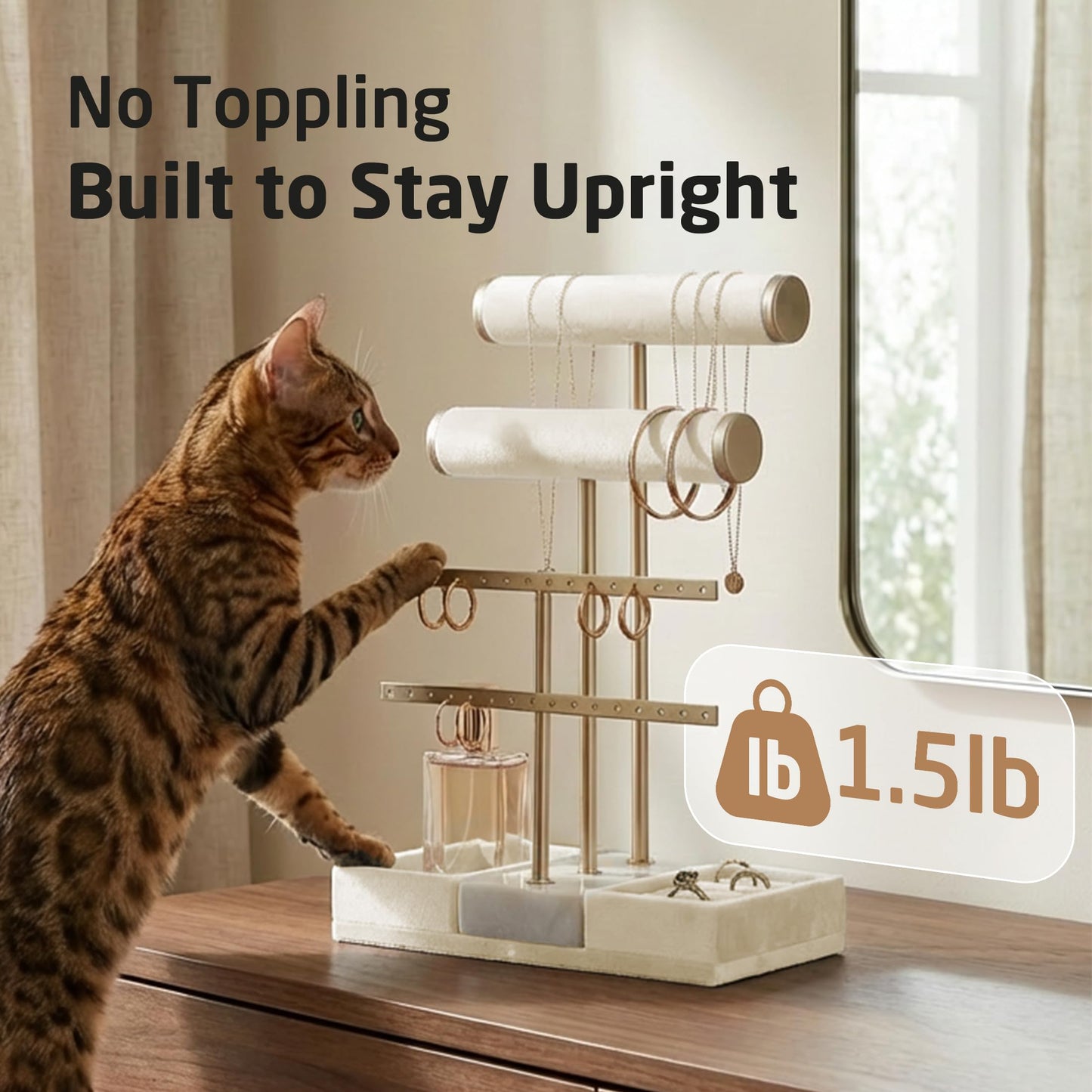 KES Natural Marble Bracelet Holder with 5X Weighted Base, Extra Sturdy 3 Tier Bracelet Holder Display for Necklaces, Earrings, Rings, Watches, T Bar Jewelry Holder Organizer, Beige, JTR500-WH