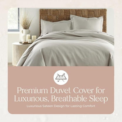 100% Organic Cotton Duvet Cover Queen Size - Naturally Soft Lightweight & Cooling Duvet Cover Set with Decorative Shams - Premium GOTS Certified 300 Thread Count Sateen Weave (Pewter, Queen)