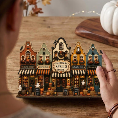VYLARA Halloween Haunted Village Wooden Block, Rustic Spooky Town Shelf Sitter, Gothic Fall Home Decoration, Halloween Wood Sign Display