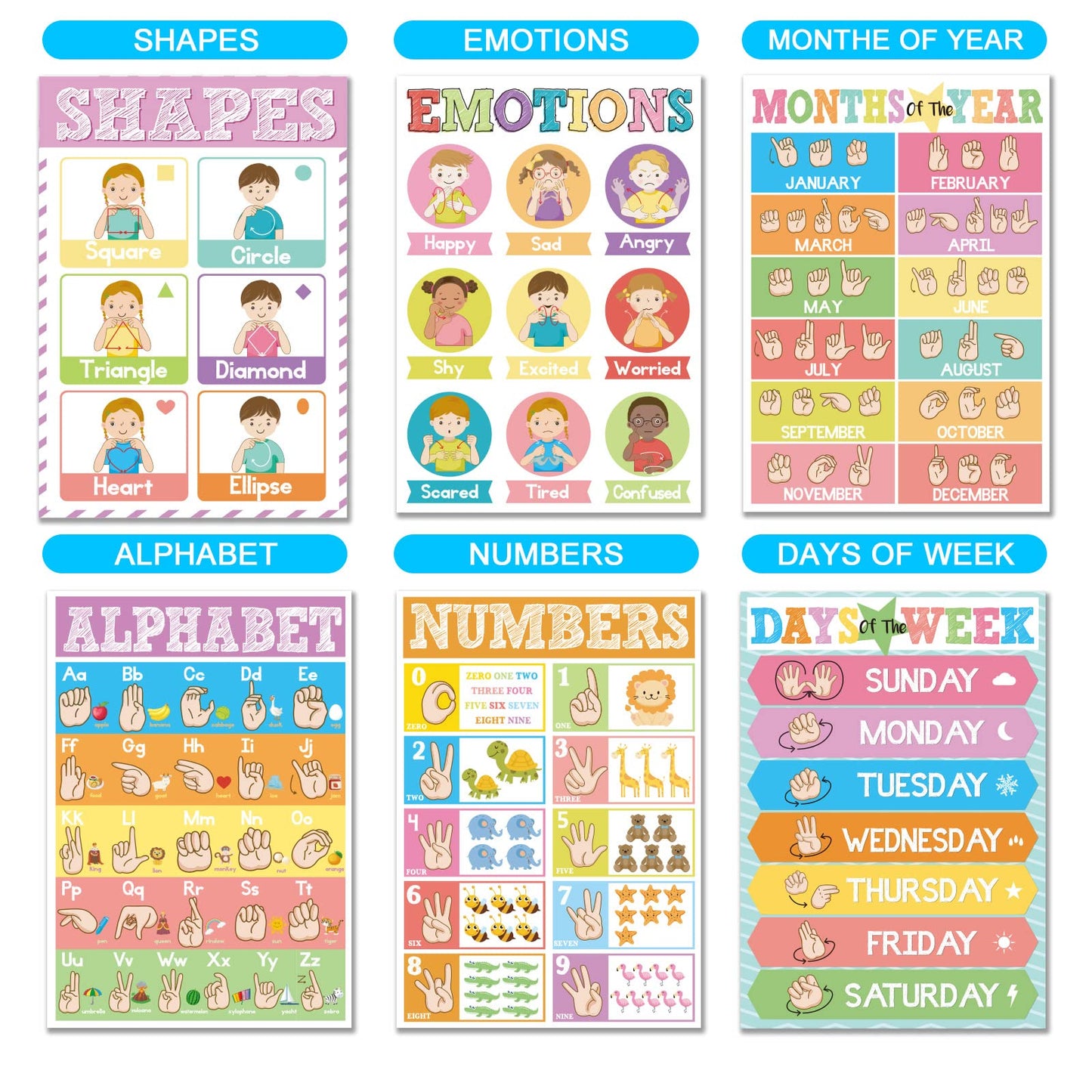 Set of 12 ASL Posters ABC Sign Language Flash Cards American Sign Language Learning Poster for Toddler Kids Students Classroom Decorations ASL Gift