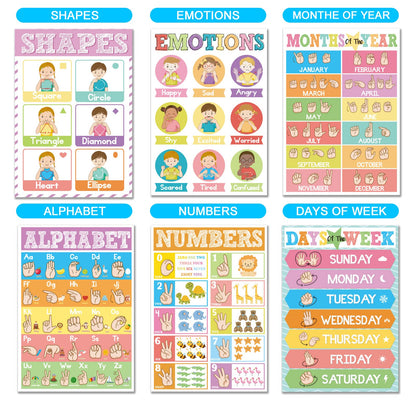 Set of 12 ASL Posters ABC Sign Language Flash Cards American Sign Language Learning Poster for Toddler Kids Students Classroom Decorations ASL Gift