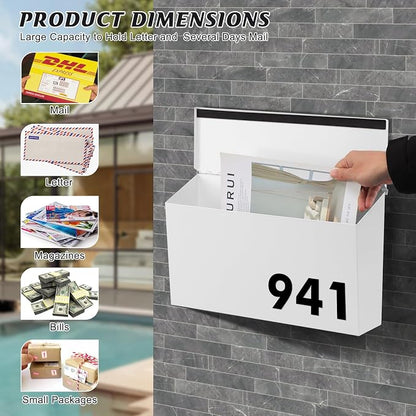 KYODOLED Wall-Mount Mailbox, Large Capacity Mail Box, Galvanized Steel Rust-Proof Metal Post Box, Mailboxes for Outside,15.7"x9.9"x4.9" White