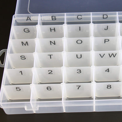 Plastic Organizer Container Box with Adjustable Dividers - 36 Compartments for Letter Board Letters - Stickers Pre Applied to Dividers