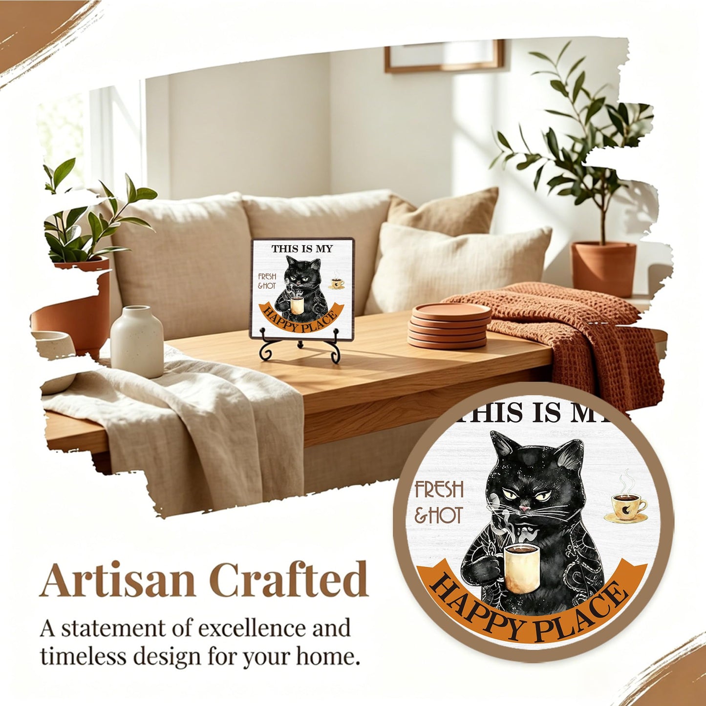 This Is My Happy Place Wooden Sign With Stand, Home Farmhouse Desk Table Decor, Inspirational Plaque Gifts For Cats Lover Owner, Black Cats Coffee Office Desk Decor For Shelf, 03