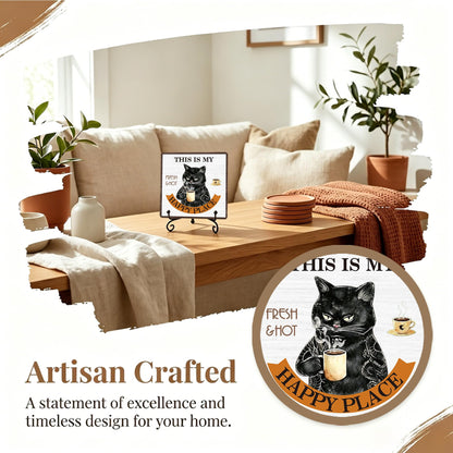 This Is My Happy Place Wooden Sign With Stand, Home Farmhouse Desk Table Decor, Inspirational Plaque Gifts For Cats Lover Owner, Black Cats Coffee Office Desk Decor For Shelf, 03