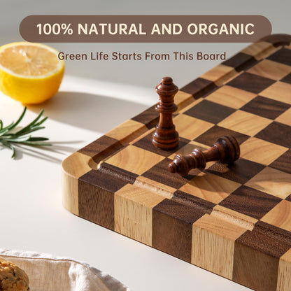 FYCTIO Wooden Cutting Boards for Kitchen, Checkered Cutting Board 1.2" Thickened, Walnut Chopping Board with Juice Grooves & Handles, Double-sided Butcher Block with Gift Box, 17" x 12"