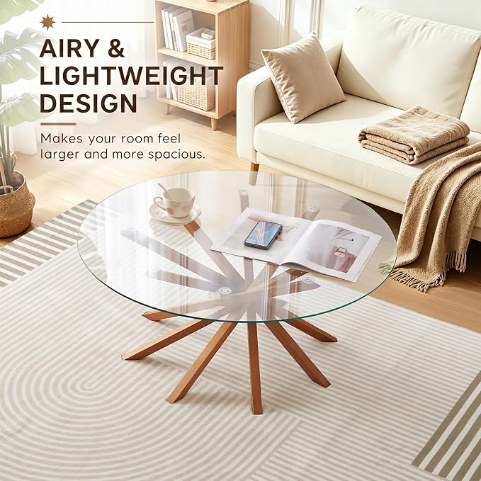 Round Glass Coffee Table-Mid Century Modern Solid Wood Coffee Table | Unique Glass Top&Solid Wood Mortise Interlocking Starburst Legs Design for Living Room,Office,Hotel Lobby