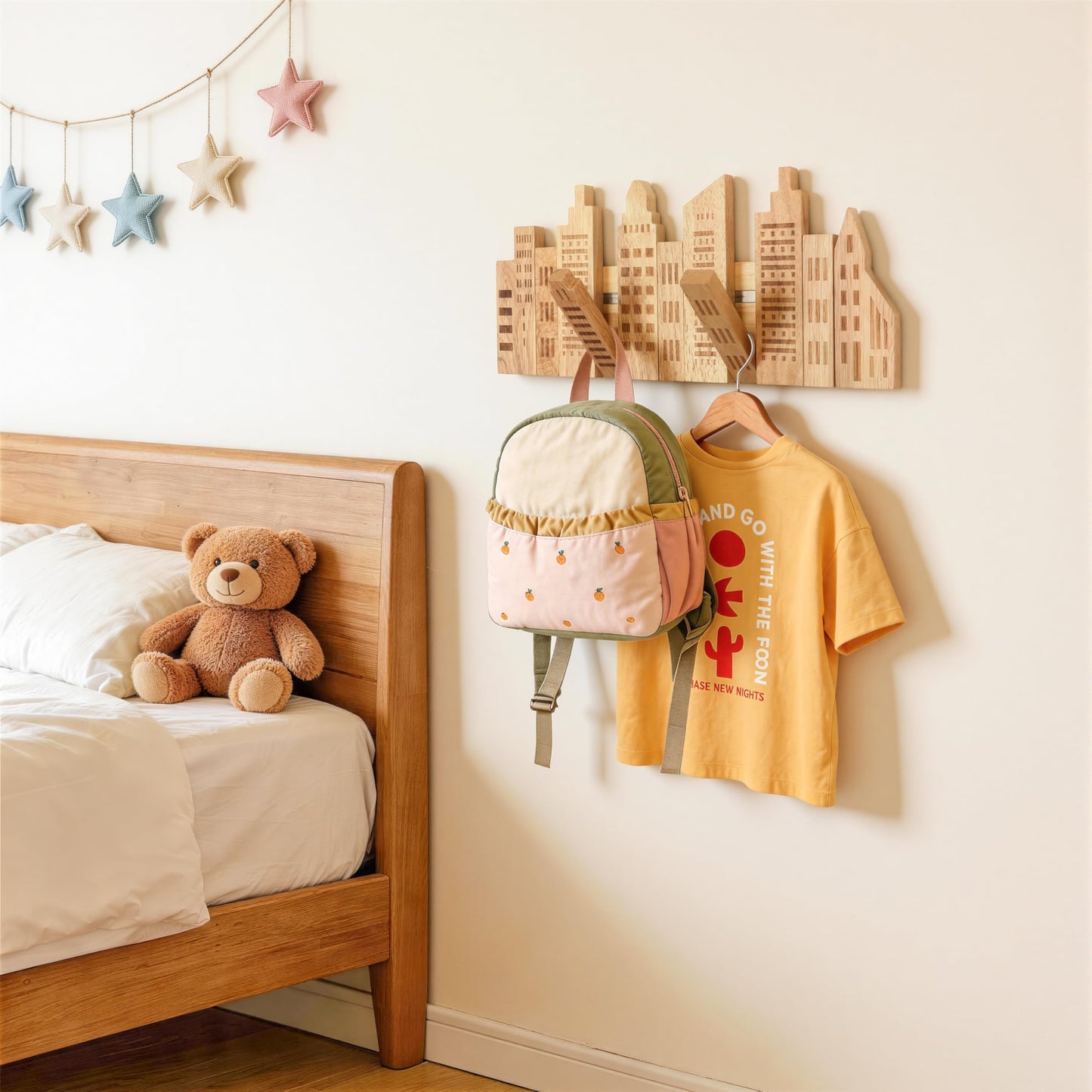 KYIAANY Cute Coat Rack for Kids: Wooden Folding 5 Hooks Wall Mounted 16Inch Decorative for Children's Room Nursery for Hanging Backpacks Hats Towels