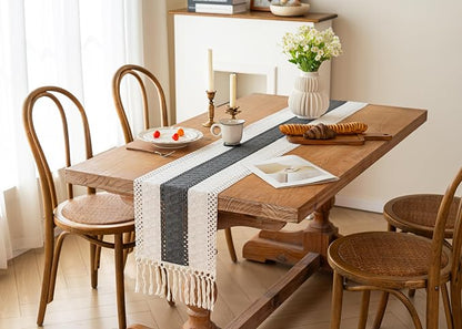 FEXIA Boho Table Runner for Summer Home Decor with Tassels 90 Inches Long Farmhouse Grey Rustic Burlap Table Runner Macrame Table Decoration for Kitchen Bedroom Living Room (12x90 Inches)