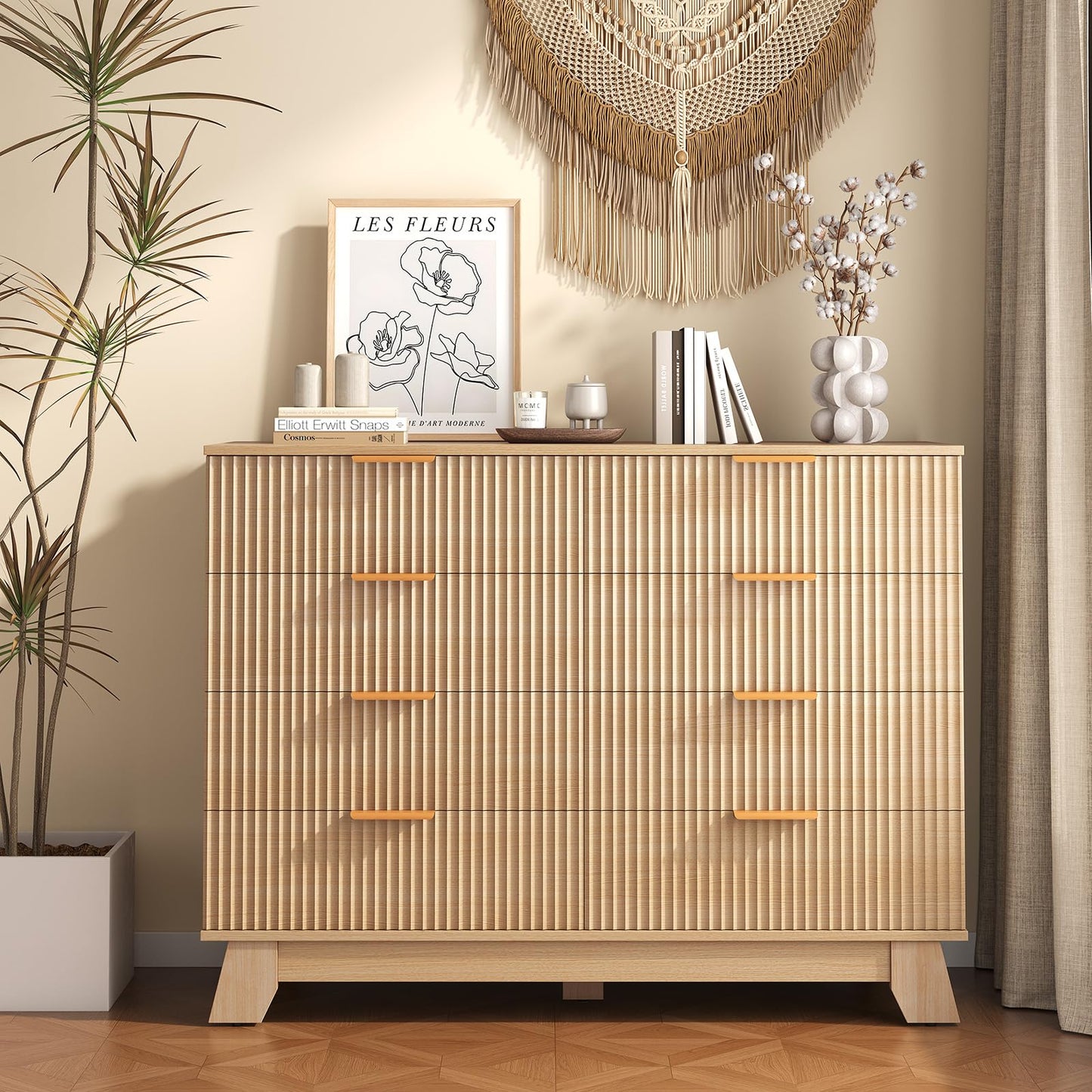 DUMOS Fluted 8 Drawer Dresser for Bedroom, 43.3" Wide Modern Chest of Drawers with Gold Metal Handles, Wooden Dresser TV Stand, Storage Organizer Unit for Living Room, Hallway, Natural Oak