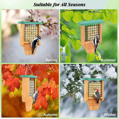 Gbekery Wooden Suet Bird Feeder for Outside Hanging, Woodpecker Suet Feeder with Tail Prop, Hanging Bird Feeder for Wild Birds, 1 Pack, Green