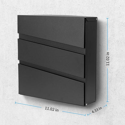 Wall-Mount Mailbox with Lock and Keys, Security Key Drop Box for House Outside, Locking Postbox, Steel Metal Rust-Proof Mail Box, 11.02 x 11.02 x 4.33 Inch, Black, MD002