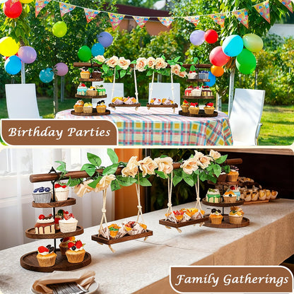Wooden 3 Tier Cupcake Stand with Swing and Rose Vines Decor, Dessert Table Display Set Removable Serving Tray Cupcake Tower Centerpiece for Tea Party Birthday Baby Shower Wedding