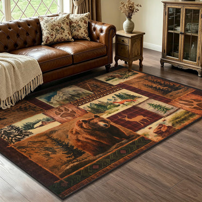 ASPMIZ 3x5 Rustic Area Rugs Non-Slip Washable — Buffalo Plaid Country Log Cabin Bear Deer Fox Design, Vintage Soft Faux Wool Throw Rug for Living Room Bedroom, Low Pile
