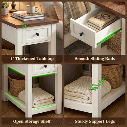 Narrow End Table with Charging Station - Farmhouse Side Table with Drawer, 14" Wide Wood Nightstand Slim Couch Bedside Table for Living Room Bedroom Small Spaces, 2-Tone Antique White & Brown