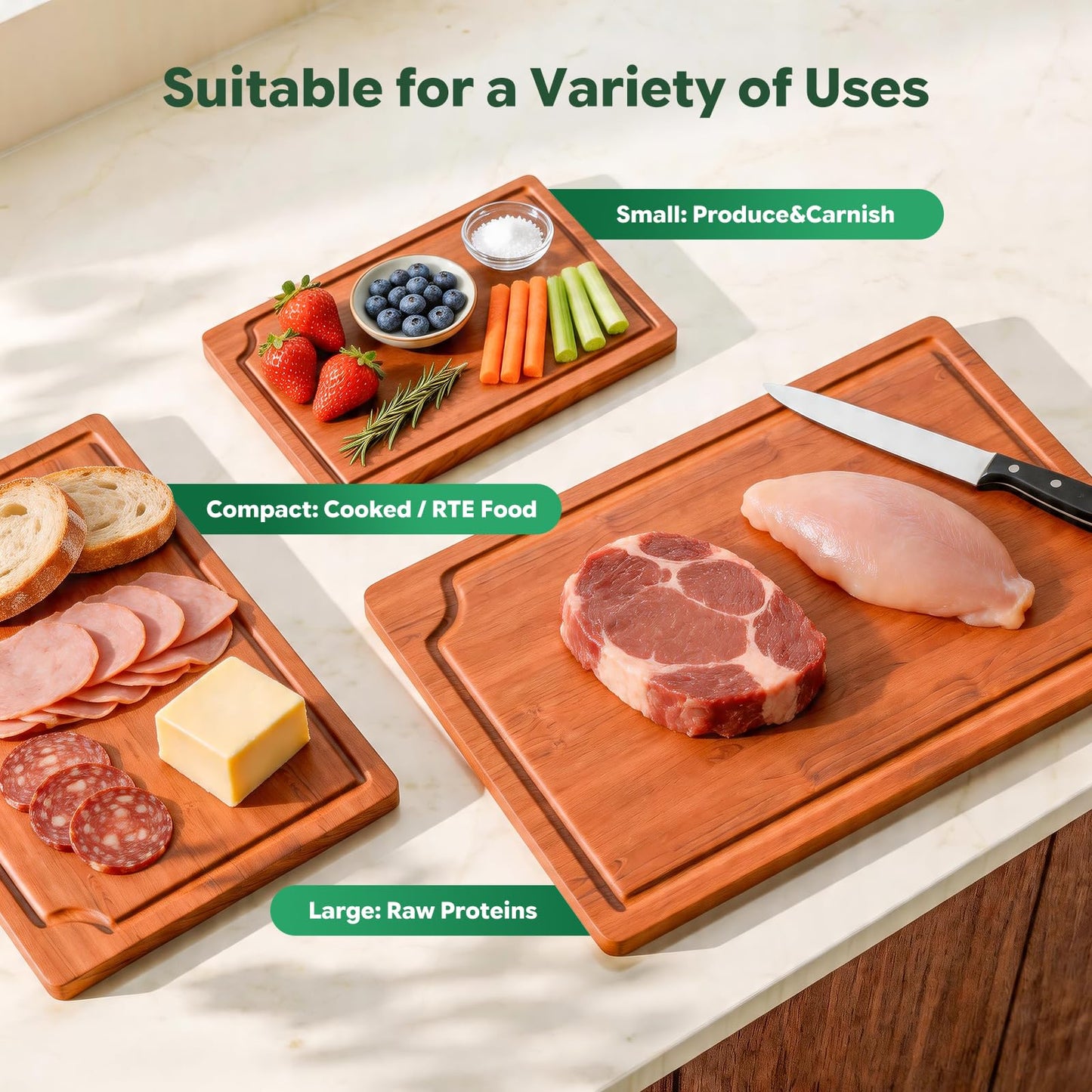 Simple Trending Bamboo Cutting Boards for Kitchen, Durable Chopping Boards with Deep Juice Grooves, Set of 3 Butcher Block for Meat, Vegetables and Fruits