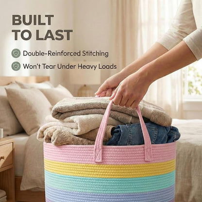 JMvicyroam 115L Extra Large Blanket Basket for Living Room - Woven Cotton Rope Laundry Hamper with Reinforced Handles - Storage Bin for Pillows, Comforters & Toys - Machine Washable,Rainbow