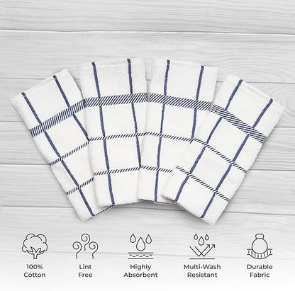 100% Cotton Terry Dish Towels, 4 Pack Checks, 16 x26 Inches, Super Soft and