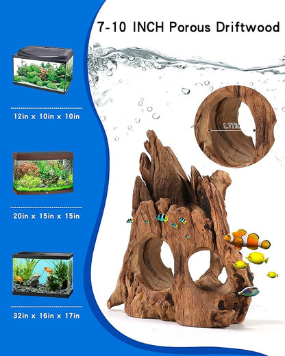 Aquarium Driftwood Cave for Betta Fish Shrimp Hideout, 7-10" Natural Porous Driftwood for Aquascaping with Low Tannins, Fish Tank Decoration Hideaway with Protein Cotton(No Need to Boil)