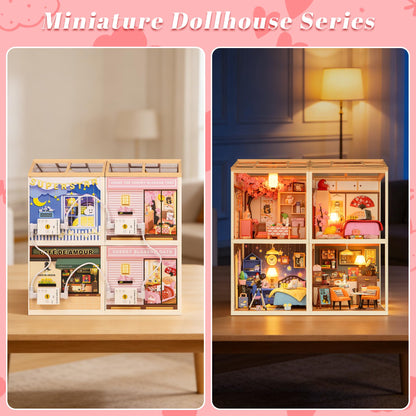 Loyratche DIY Japanese Bedroom Miniature House Kit, LED Light Mini Dollhouse Kit for Adults and Teens, with Roof & Dust Covers, Tiny House Gifts for Kids and Adults